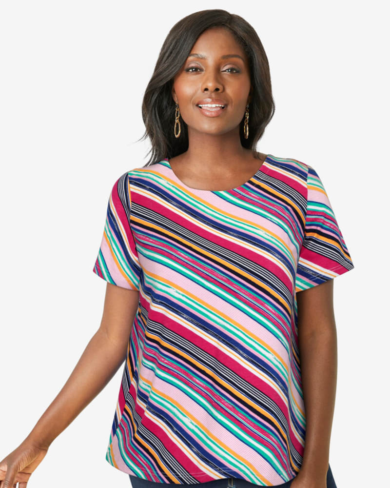 Front of a model wearing a size 3X Kelly Trapeze Tee in Multi Brushstroke by Jessica London. | dia_product_style_image_id:383623